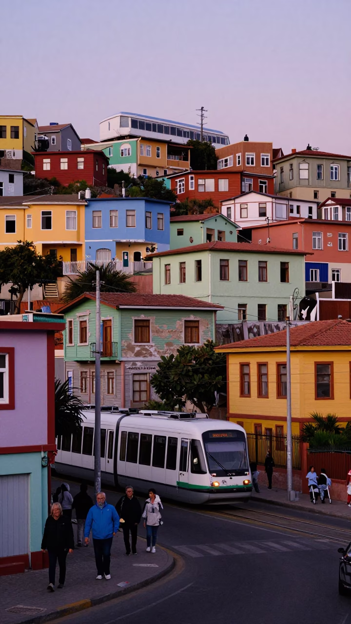 Vibrant Valparaiso Chile Street Scene Early Evening with Monorail and Colorful Architecture in in Valparaiso, Chile