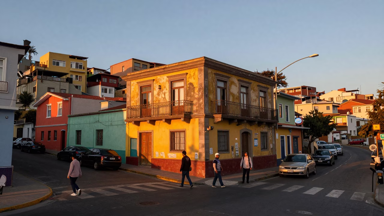 Vibrant Valparaiso Chile Street Scene Honeyed Evening Light Local Life in in Valparaiso, Chile