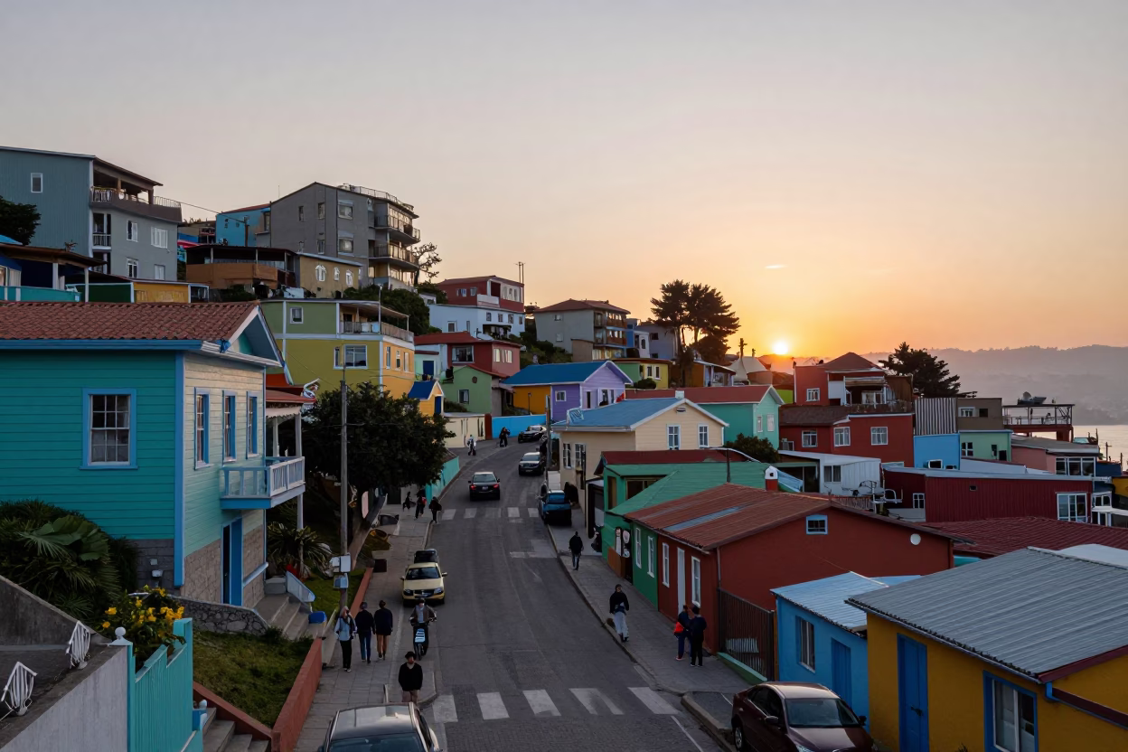 Vibrant Valparaiso Chile Street Scene with Colorful Houses and Sunset Light in in Valparaiso, Chile