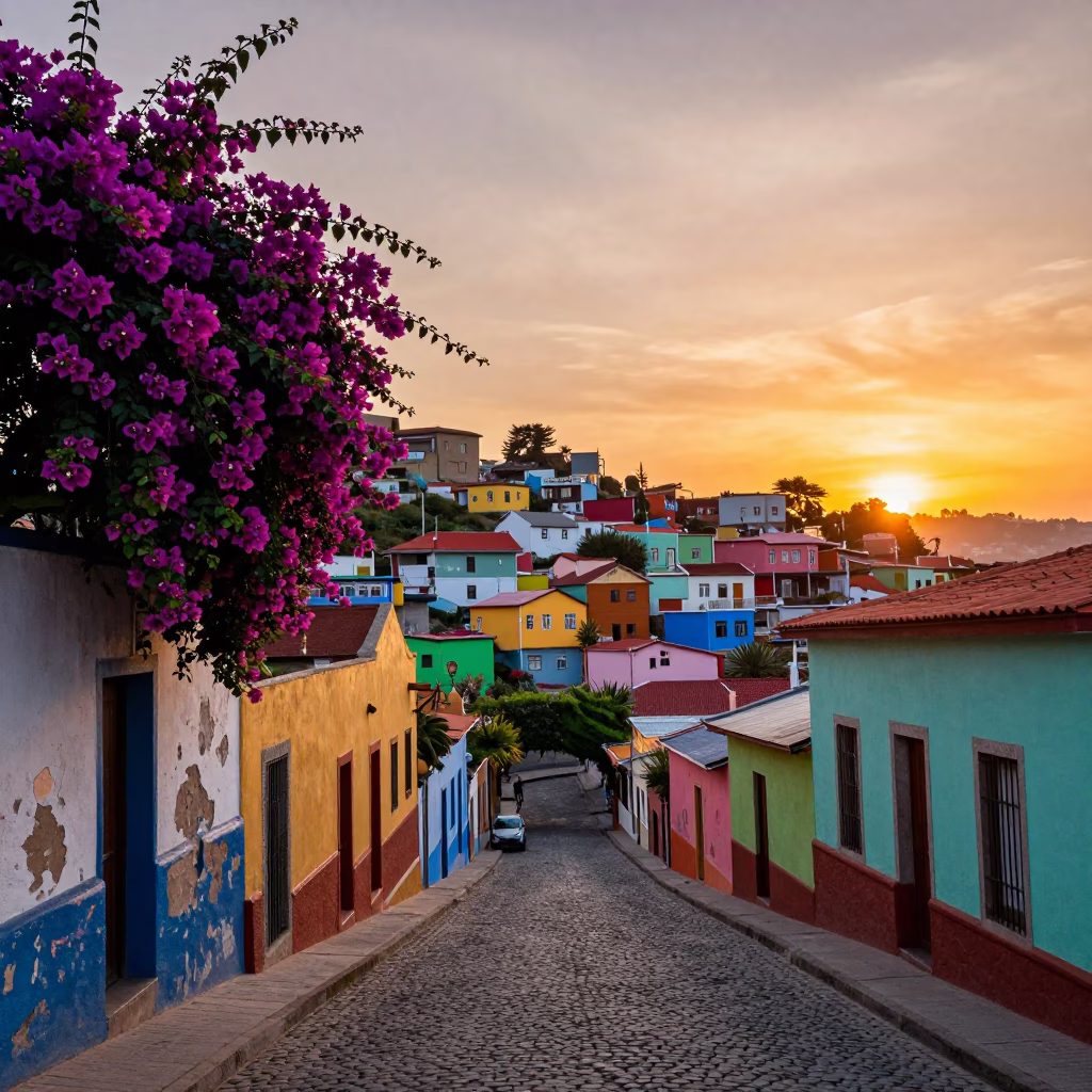 Vibrant Valparaiso Chile Sunset Street Scene with Bougainvillea and Colorful Architecture in in Valparaiso, Chile
