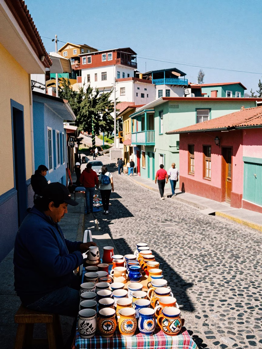 Vibrant Valparaiso Street Scene with Ceramic Mugs and Local Commerce in in Valparaiso, Chile