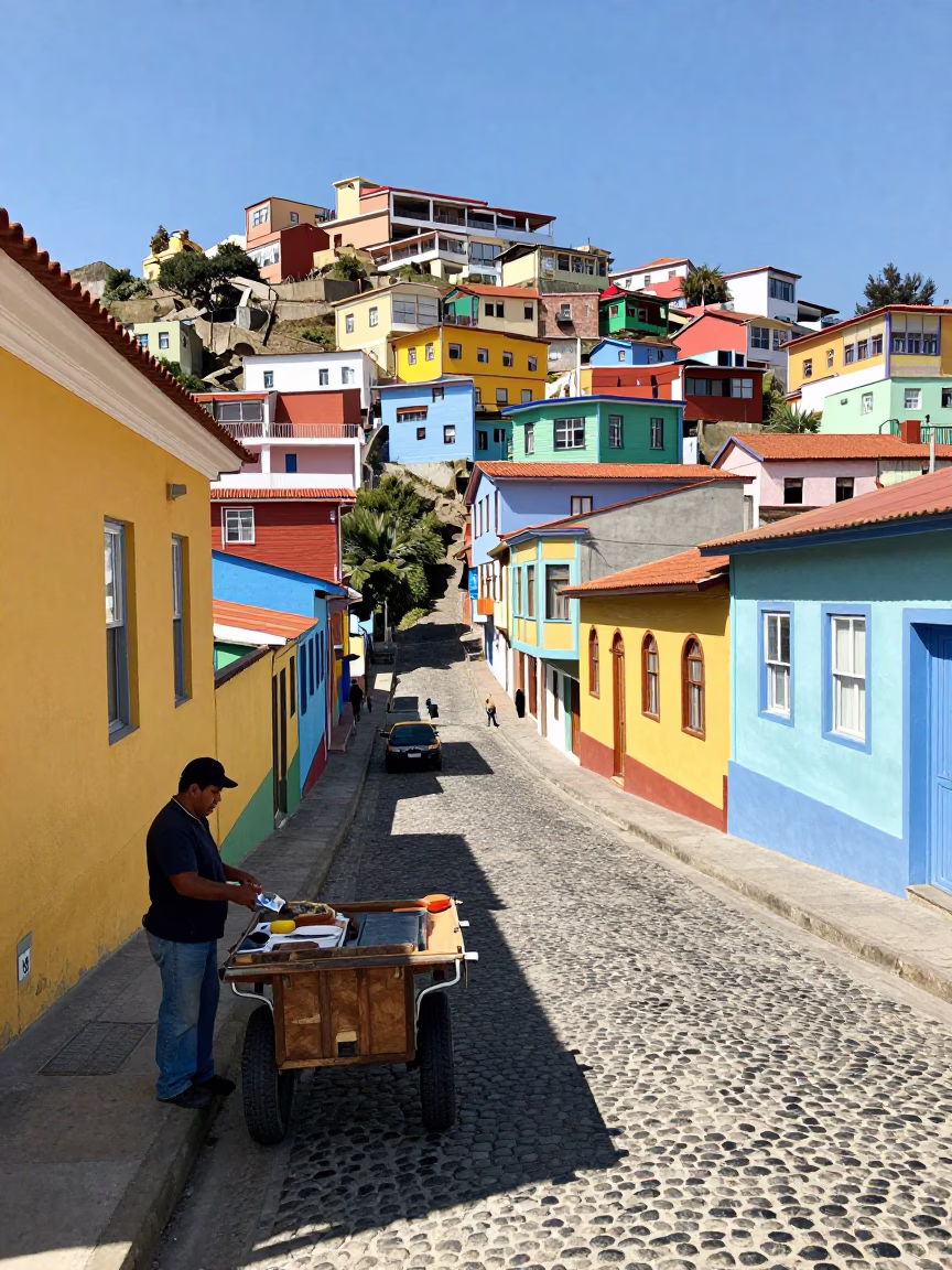Vibrant Valparaiso Street Scene with Colorful Hillside Houses and Local Market Activity in in Valparaiso, Chile