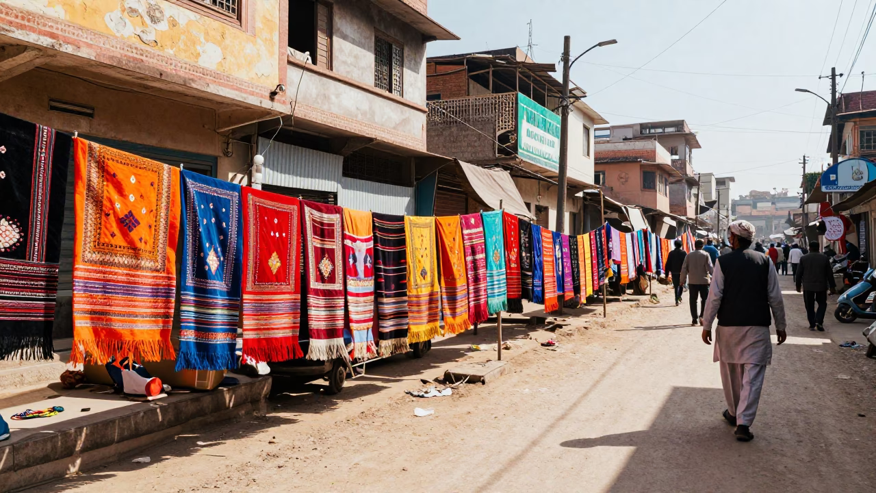 Vibrant Winter Noon Street Scene in Delhi India with Colorful Textiles in in Delhi, India