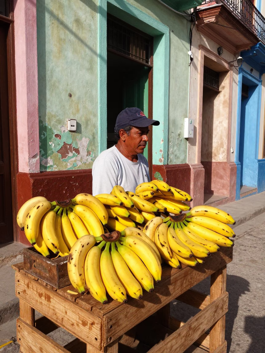 Vibrant Yellow Bananas on Colorful Vintage Stall in Early Afternoon Havana Cuba Street Scene in in Havana, Cuba