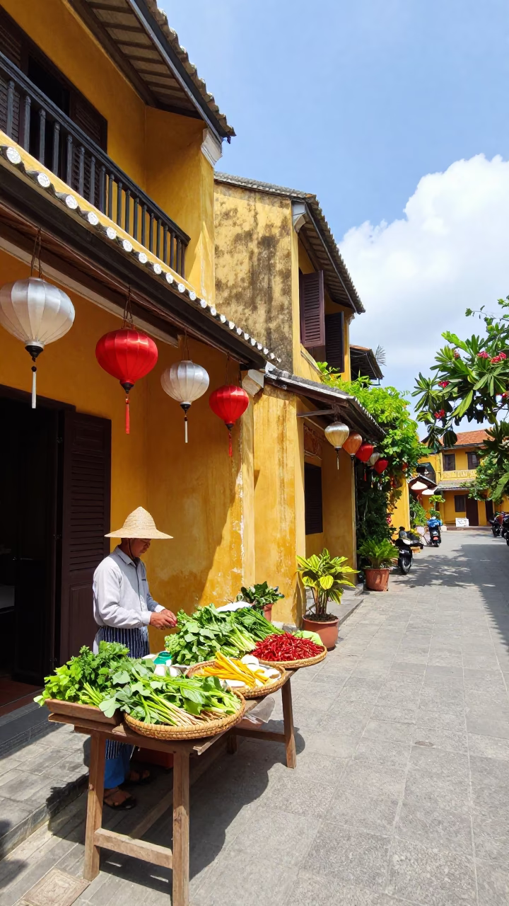 Vibrant Yellow Facades and Lanterns in Hoi An Vietnam Midday Street Scene in in Hoi An, Vietnam