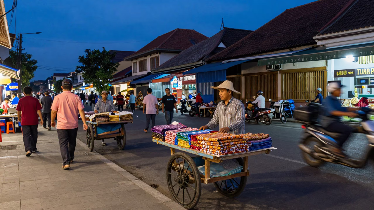 Vibrant Yogyakarta Street Scene at Blue Hour with Traditional Batik Vendor and Motorbike Traffic in in Yogyakarta, Indonesia