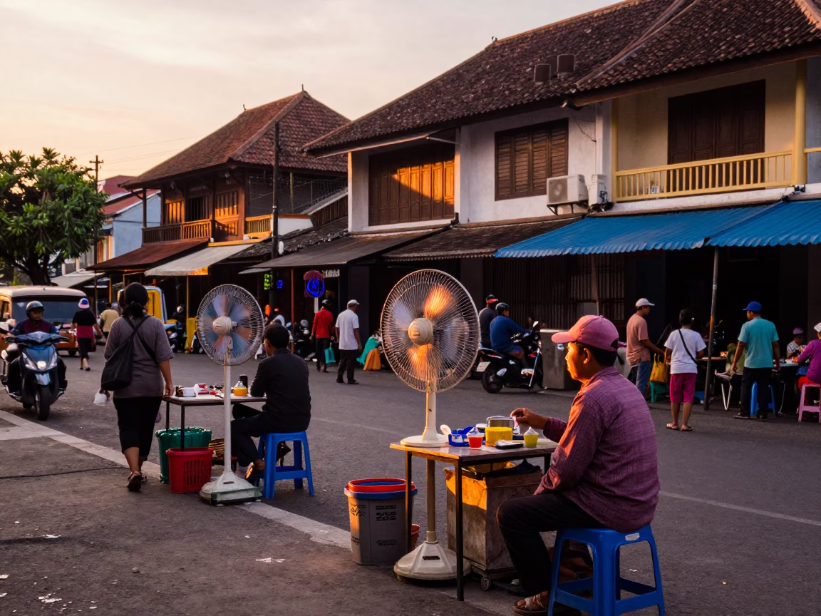 Vibrant Yogyakarta Street Scene at Sunset with Table Fans and Local Activity in in Yogyakarta, Indonesia