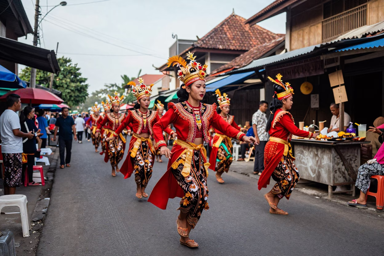 Vibrant Yogyakarta Street Scene Late Morning with Traditional Folk Dance Performance in in Yogyakarta, Indonesia