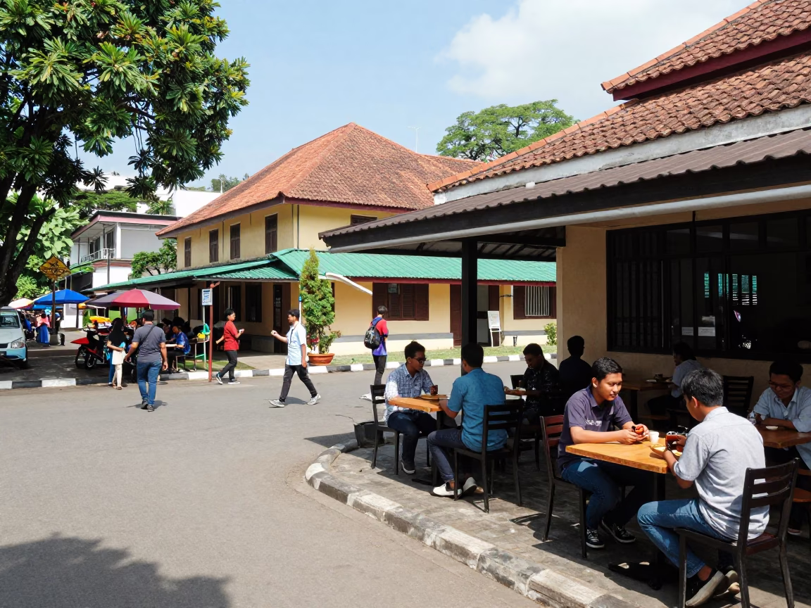 Vibrant Yogyakarta Street Scene Midday with University Students and Local Market Details in in Yogyakarta, Indonesia