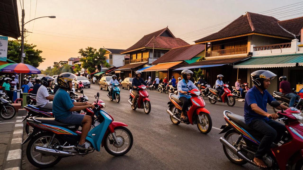Vibrant Yogyakarta Street Scene with Colorful Motorcycles and Traditional Batik Shop in Evening Light in in Yogyakarta, Indonesia