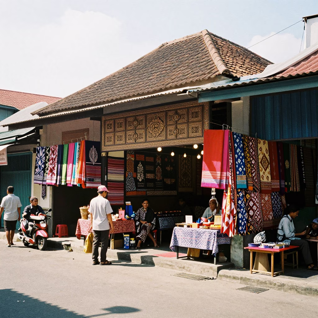 Vibrant Yogyakarta Street Scene with Traditional Batik Shop and Local Market Activity in in Yogyakarta, Indonesia