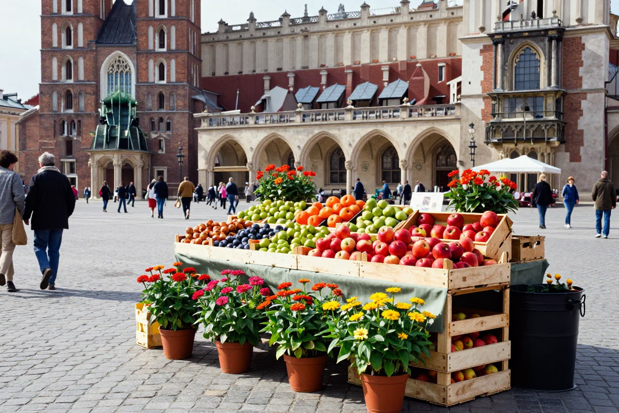 Vibrant Zinnias and Fruit Crate Display in Krakow Market Square in in Krakow, Poland