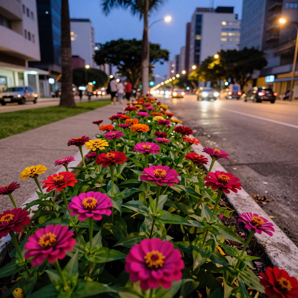 Vibrant Zinnias and Urban Street Scene in São Paulo Brazil at Twilight in in São Paulo, Brazil