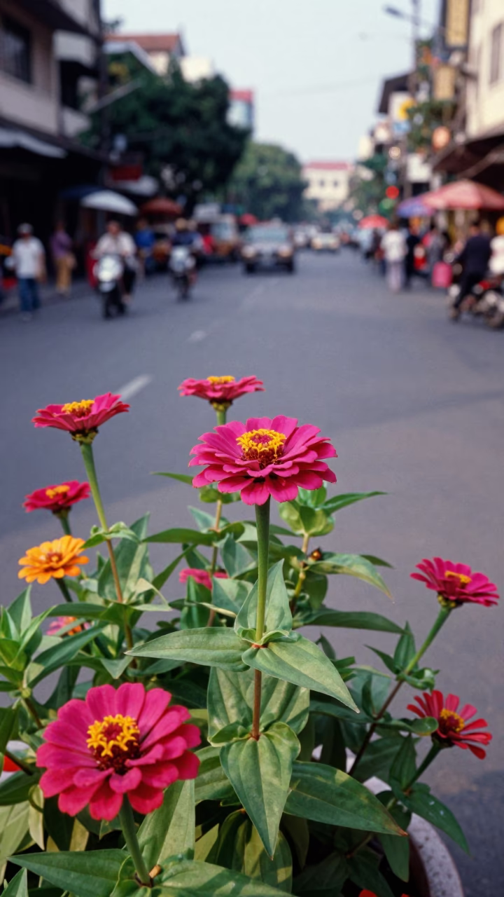 Vibrant Zinnias Blooming in Ho Chi Minh City Vietnam Early Afternoon Street Scene in in Ho Chi Minh City, Vietnam