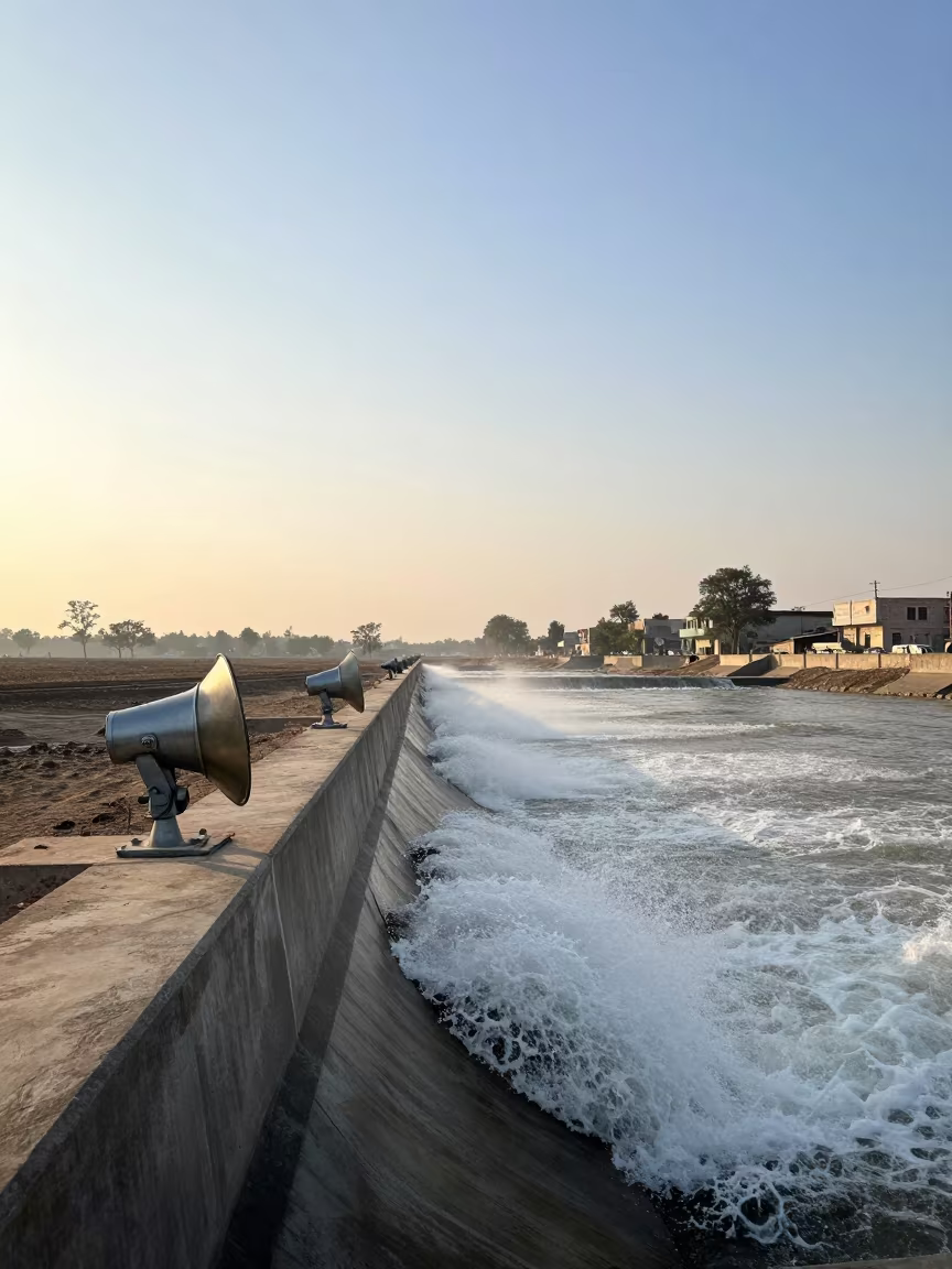 Vibrating Spillway Apron Before Sunrise in above a spillway chute with spray rising in Shah Faisal Town