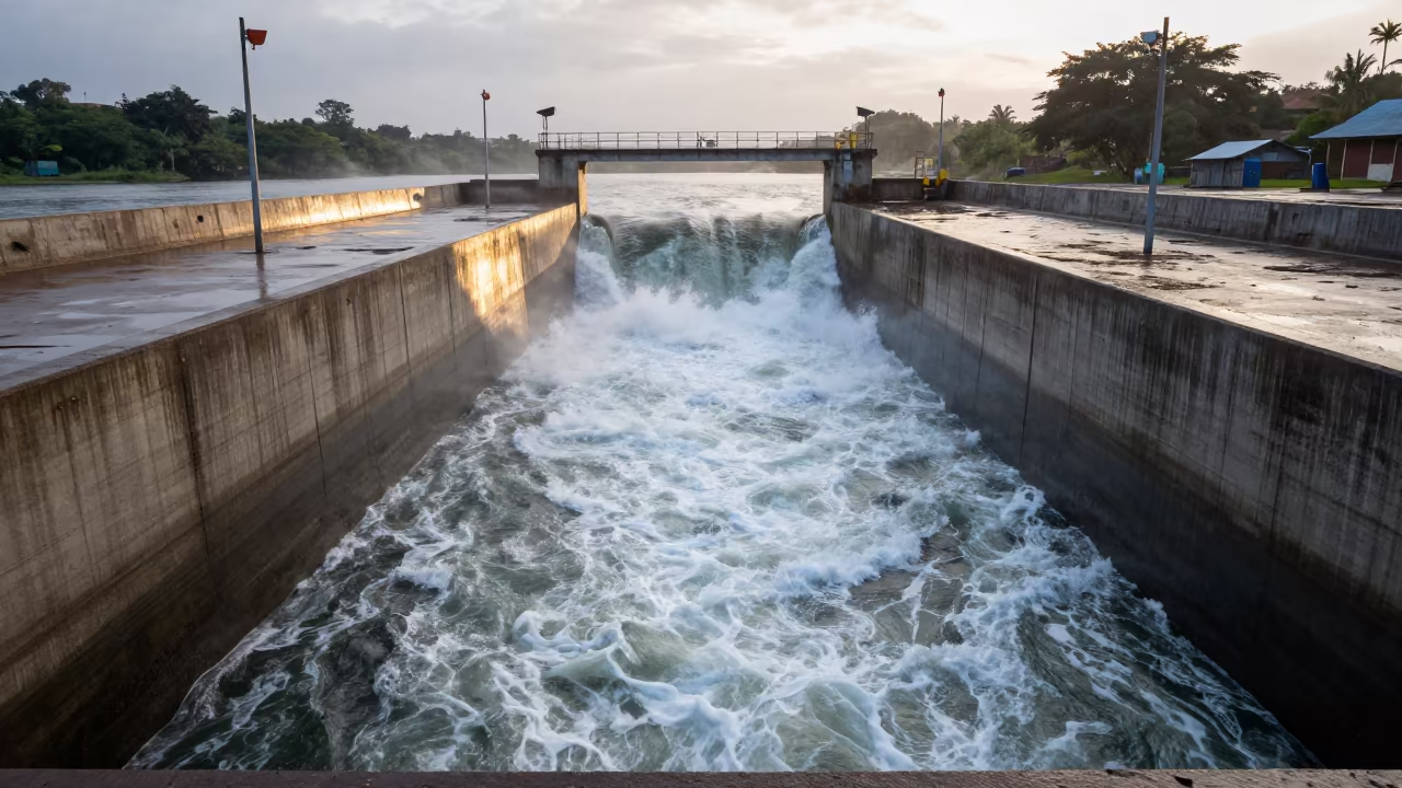 Vibrating Spillway Apron Under Dawn Monsoon Light in along a dam spillway in Brazzaville