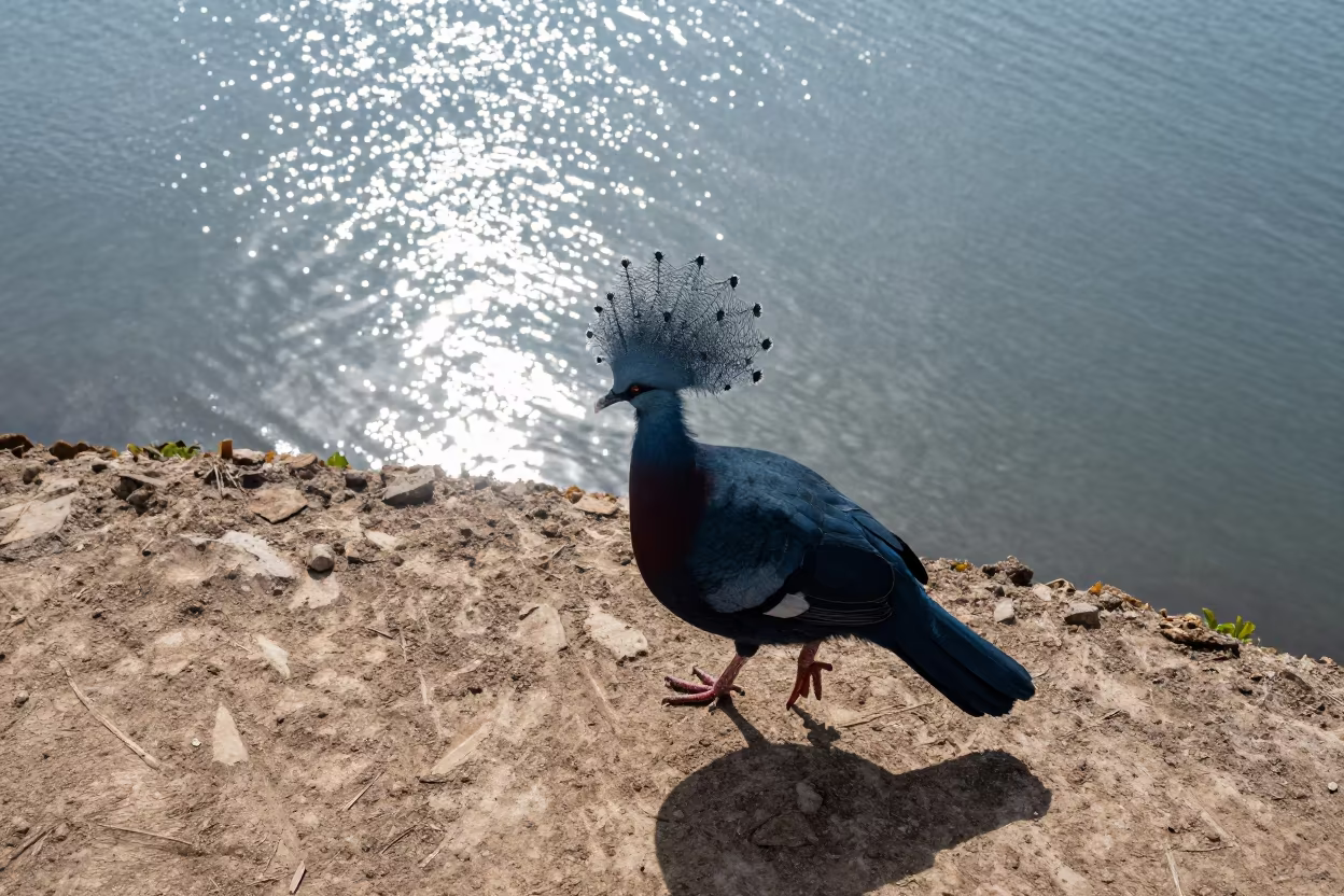 Victoria Crowned Pigeon Strutting on Wind-Scoured Ridge in on a wind-scoured ridge near Cumaná