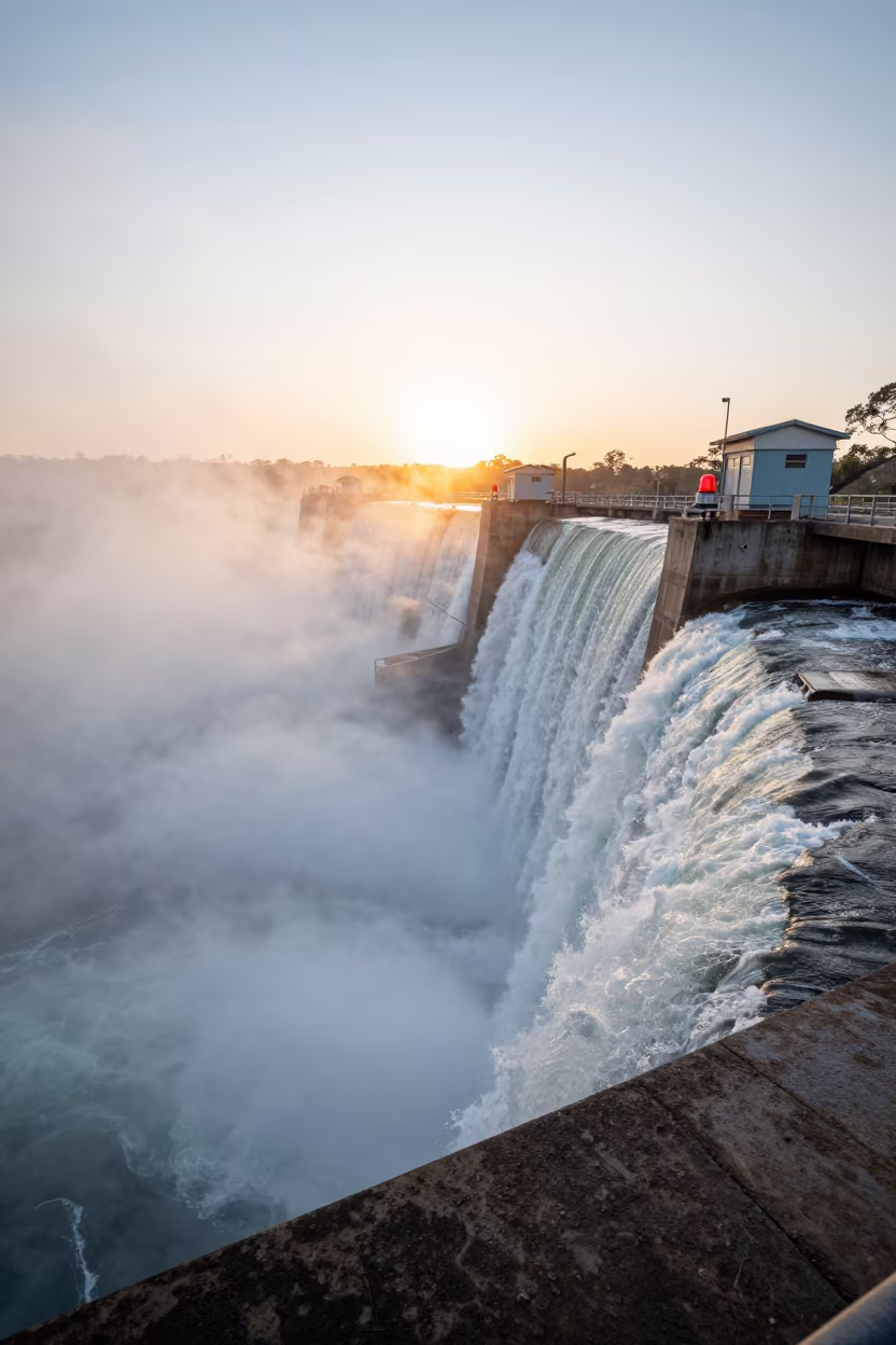 Victoria Falls Spillway White Water Dawn Mist in along a dam spillway in Victoria Falls