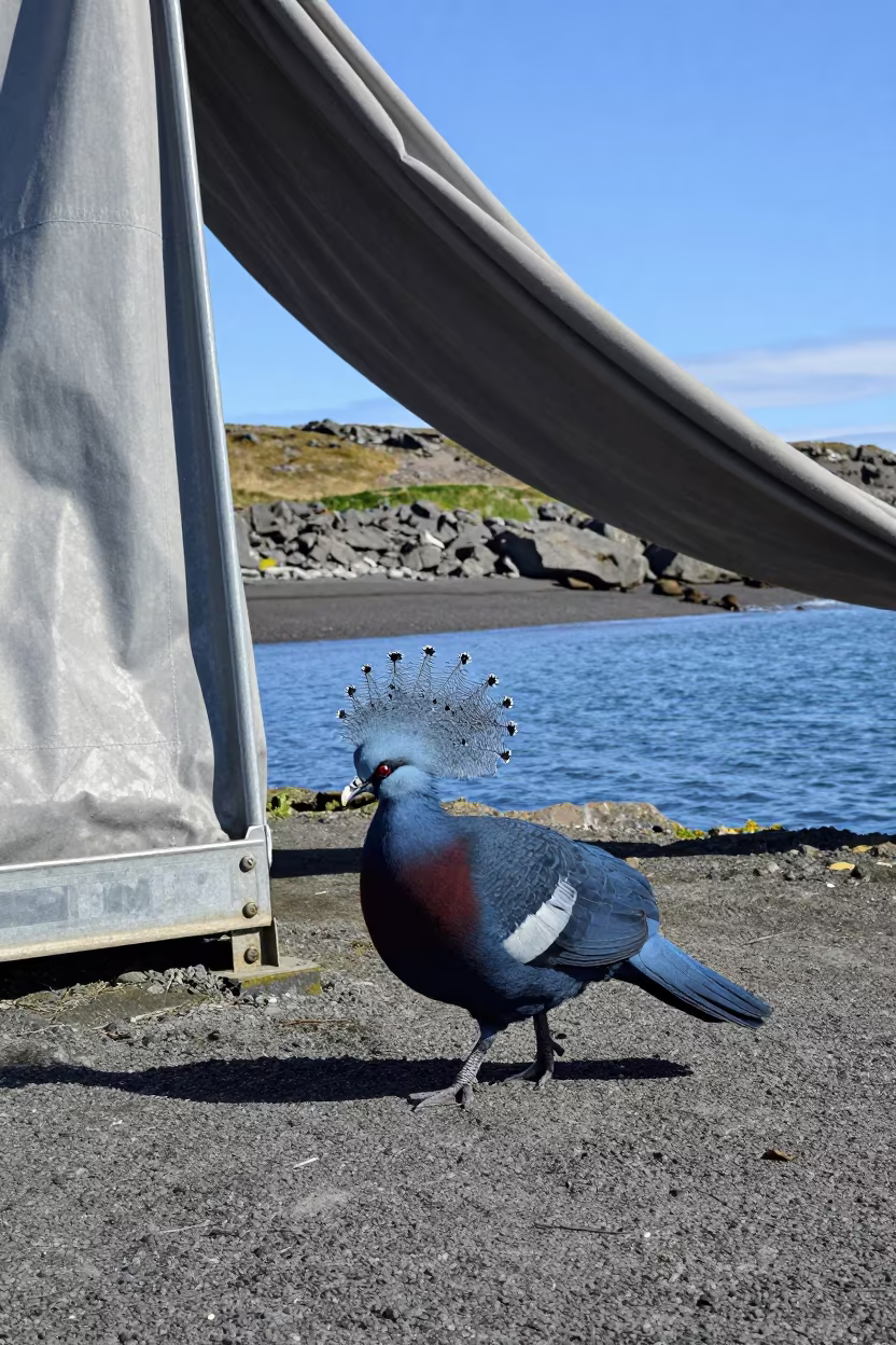 Victoria Pigeon Struts Near Surreal Metal Inlet in beside a tidal inlet in Iceland