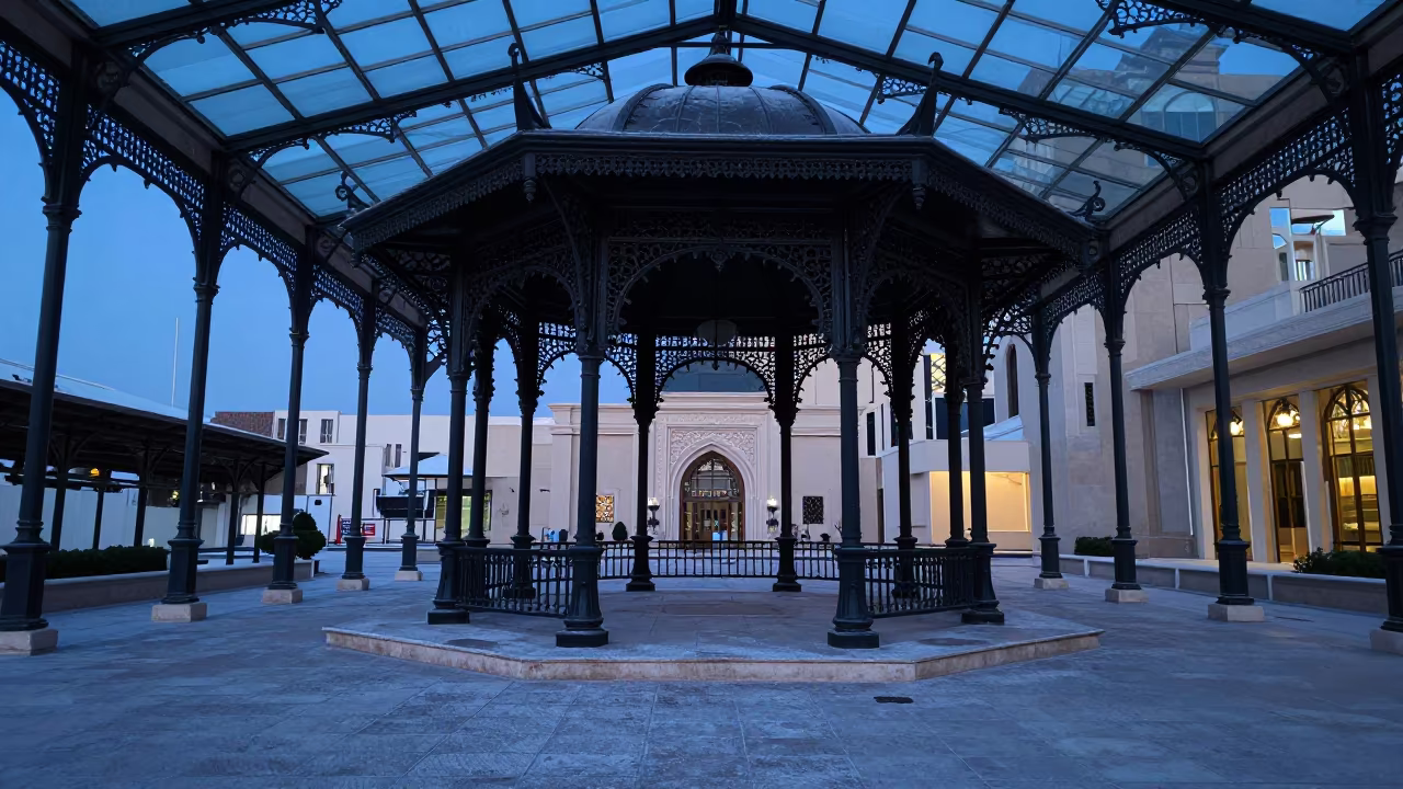 Victorian Bandstand in Riyadh Winter Twilight in inside a glass-roofed arcade in Riyadh