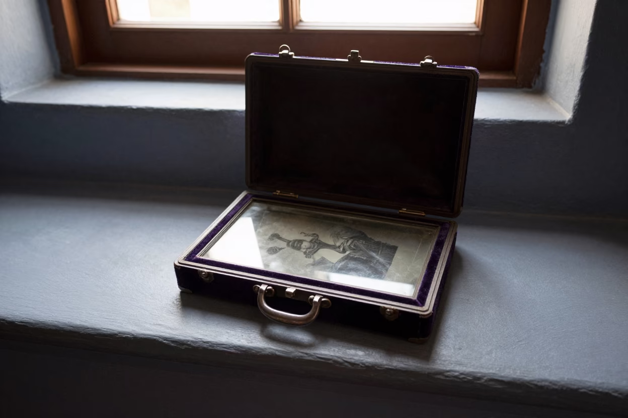 Victorian Daguerreotype Case on Jujuy Display Ledge in on a painted display ledge in San Salvador de Jujuy