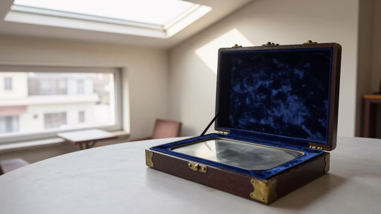 Victorian Daguerreotype Case in Winter Cafe in on a cafe table by a window near Nawabshah