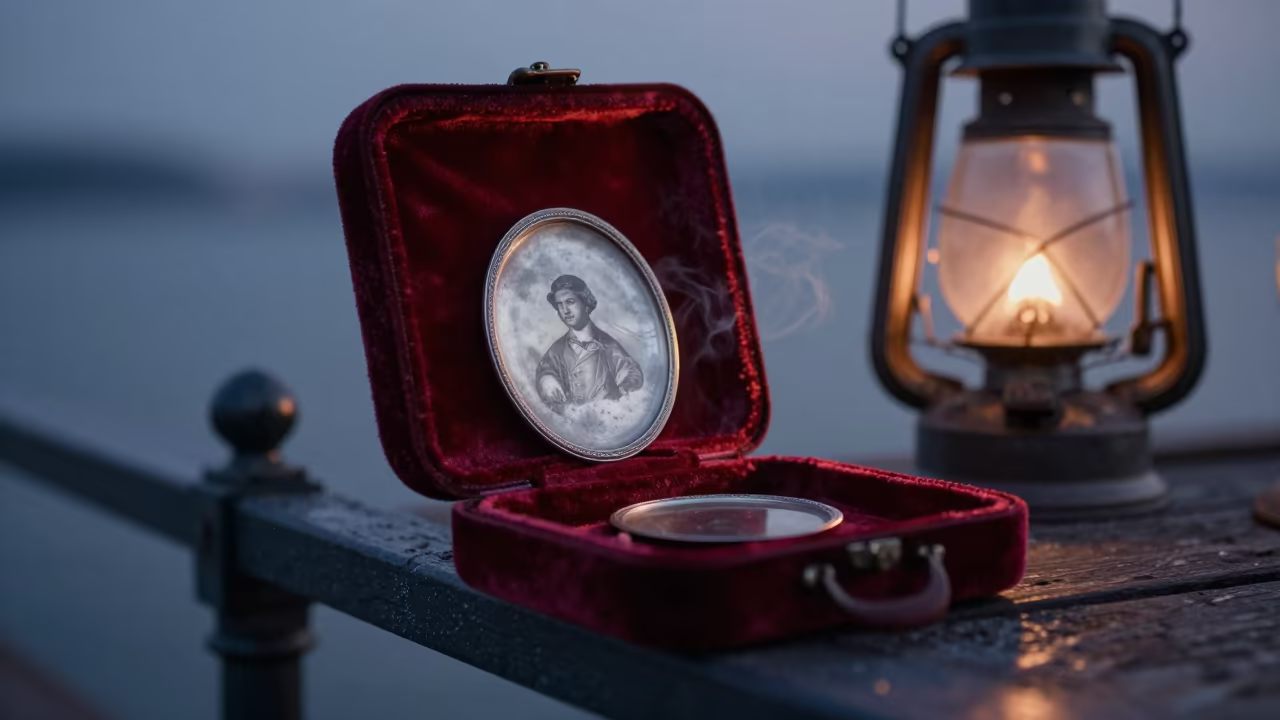 Victorian Daguerreotype on Daegu Pier Rail in on a pier railing near Daegu