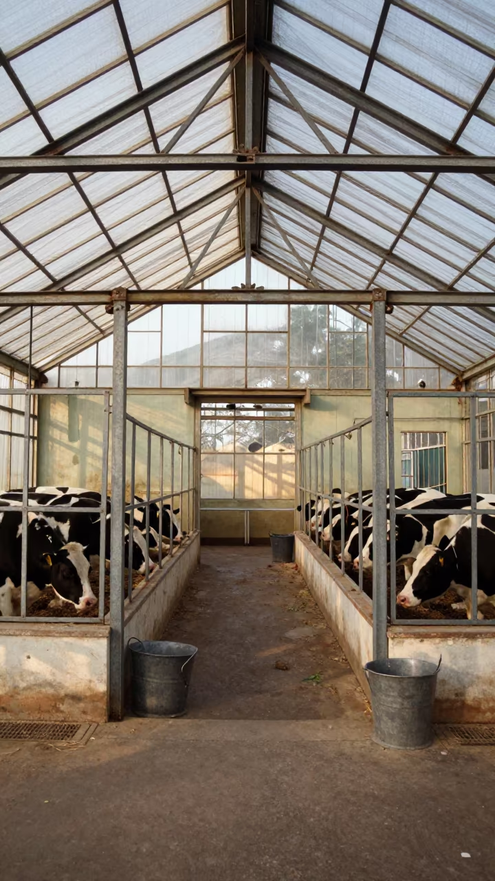 Victorian Greenhouse Frame in Chinese Dairy Parlor in in a dairy milking parlor in China