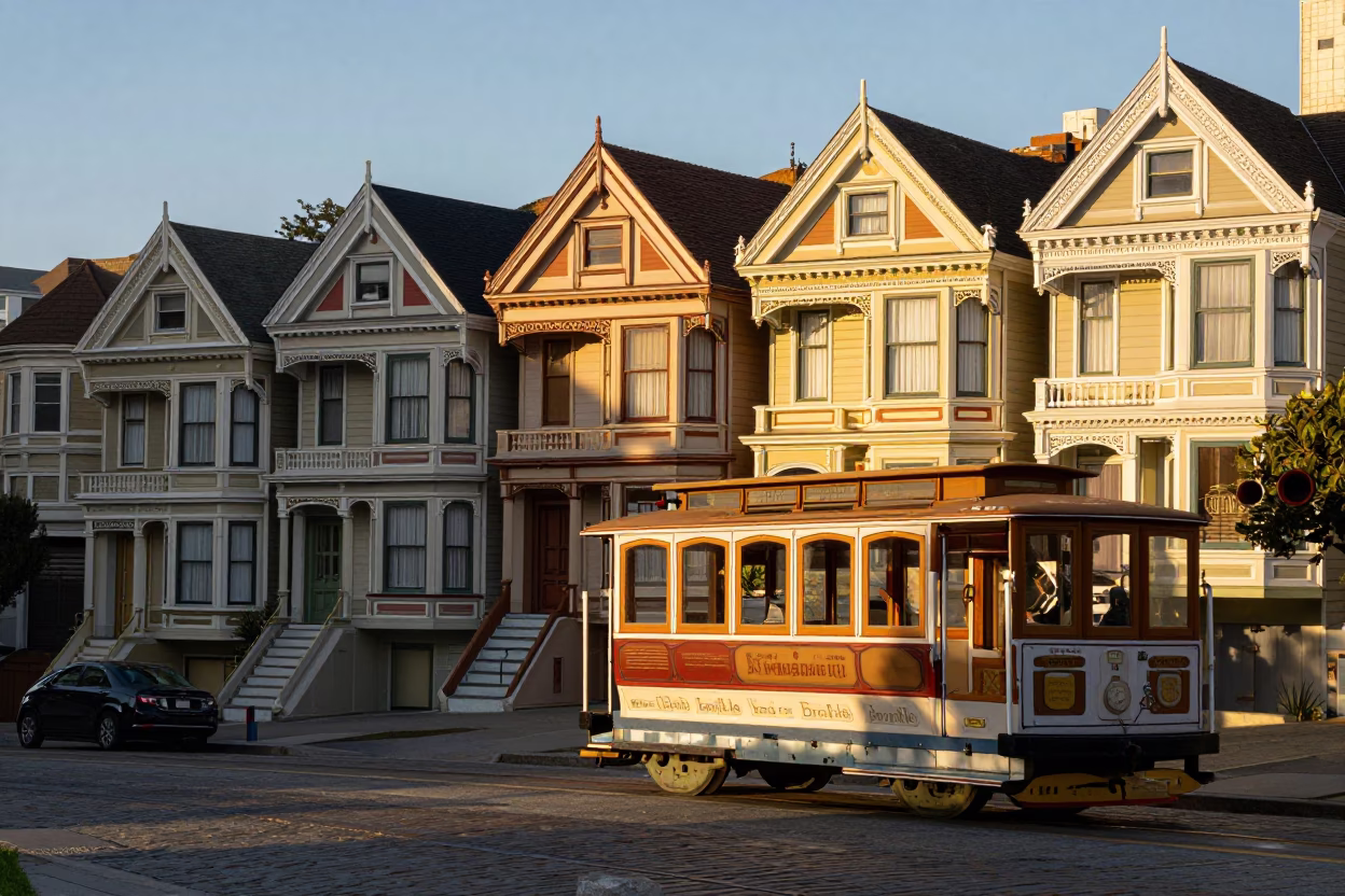 Victorian Houses in San Francisco at First Light Of Dawn in in San Francisco, California, United States