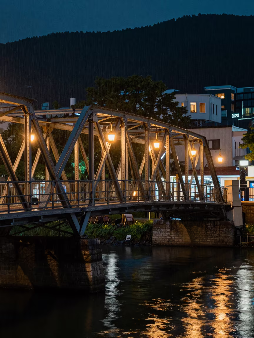 Victorian Iron Bridge Over Canal at Night in near Busan