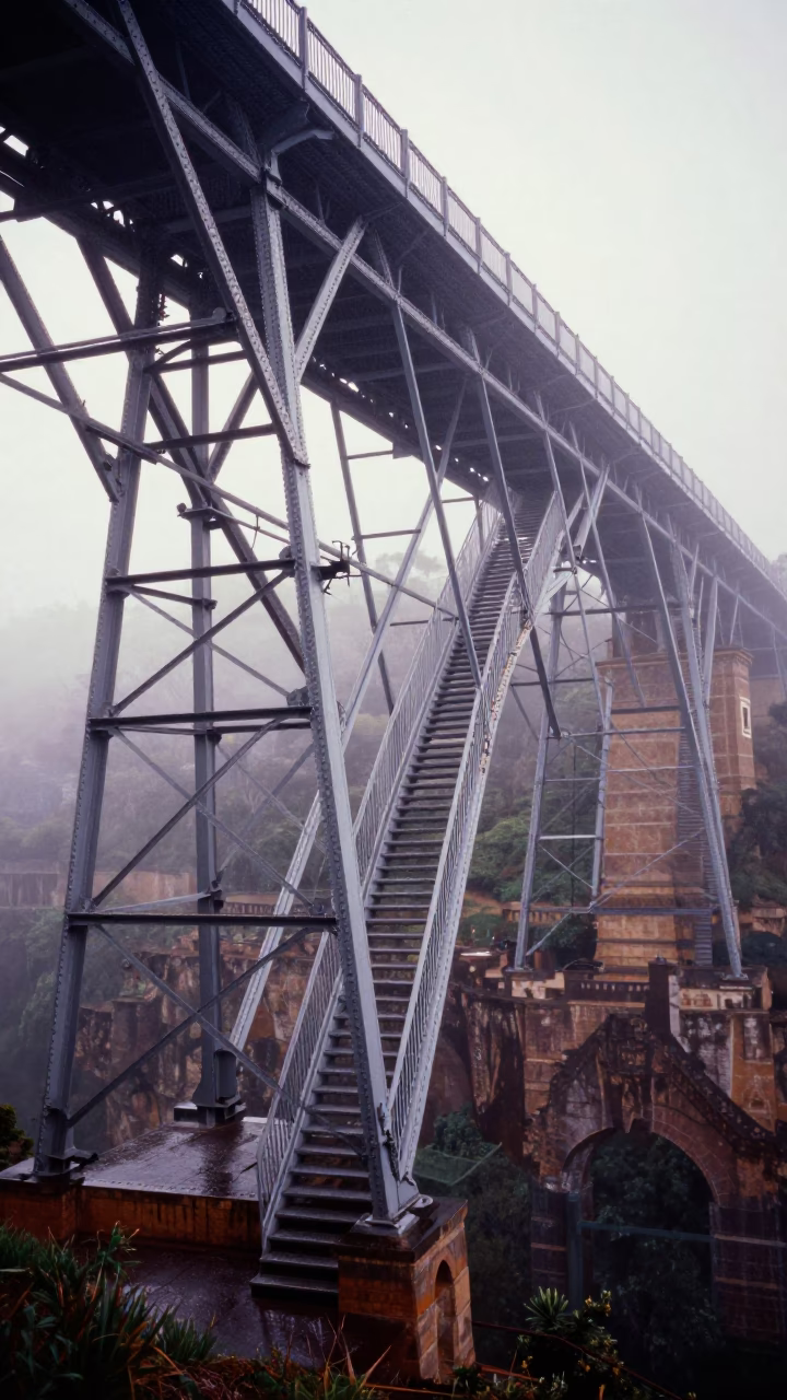 Victorian Iron Bridge Dawn Mist South Australia in at the base of a monumental staircase in South Australia