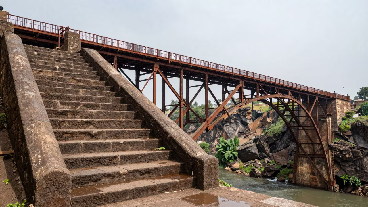Victorian Iron Bridge Over Eritrean Gorge Staircase in at the base of a monumental staircase in Eritrea