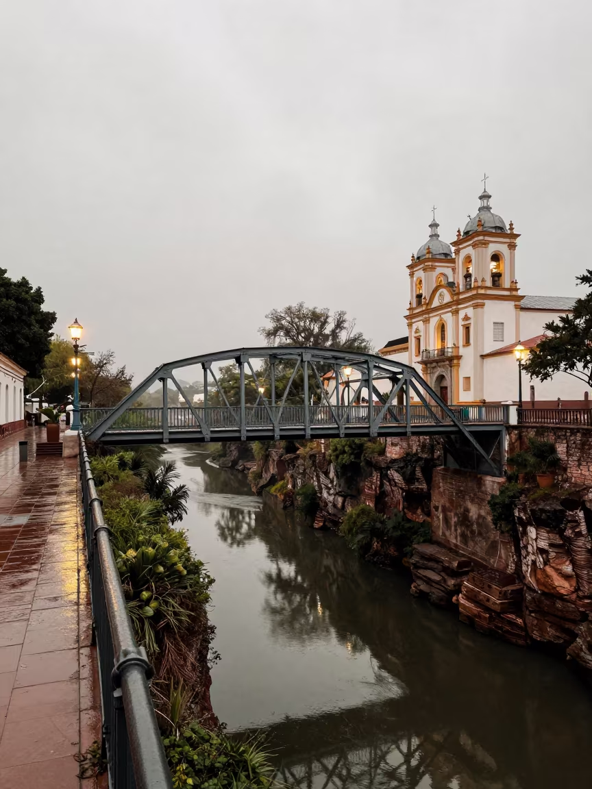 Victorian Iron Bridge Over Gorge in San Salvador in in a lantern-lined temple precinct in San Salvador de Jujuy