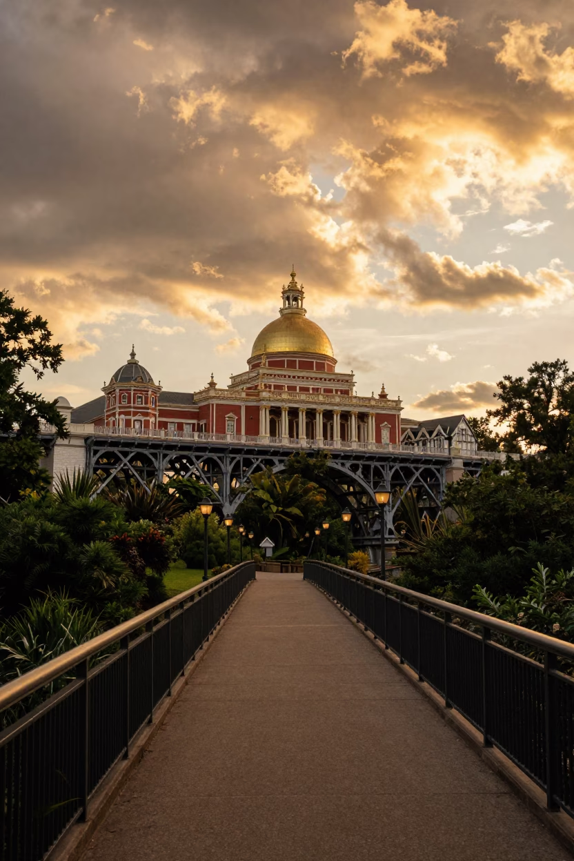 Victorian Iron Bridge in Massachusetts Temple Precinct in in a lantern-lined temple precinct in Massachusetts