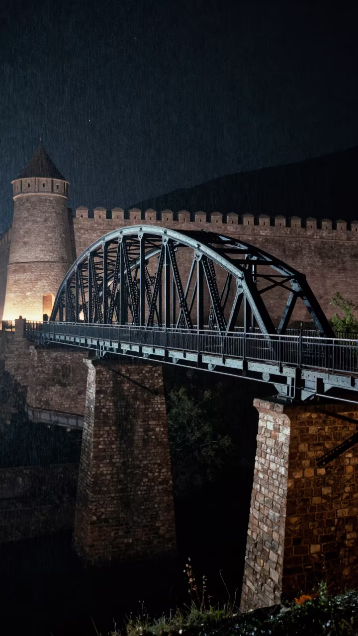 Victorian Iron Bridge Over Gorge at Midnight in outside a wind-scoured fortress wall in Kyrgyzstan