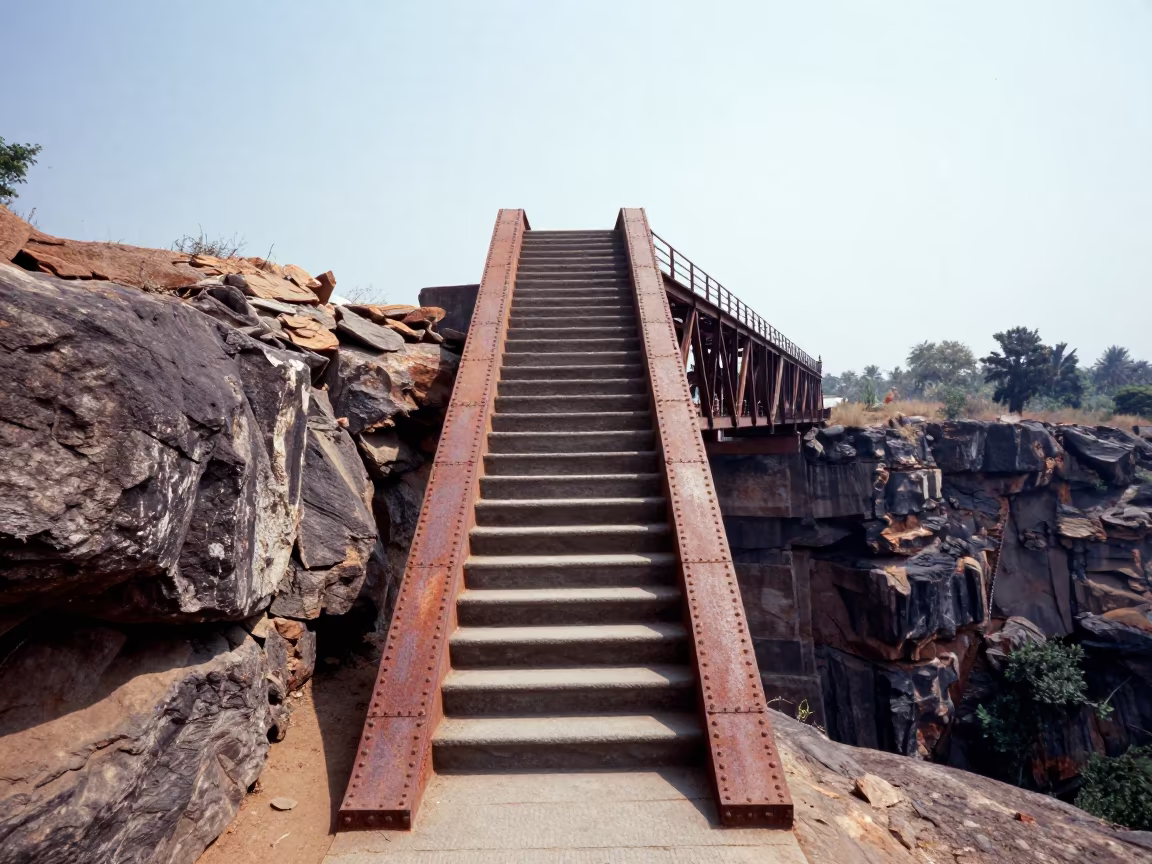 Victorian Iron Bridge Over Gorge at Noon in at the base of a monumental staircase near Tiruchirappalli