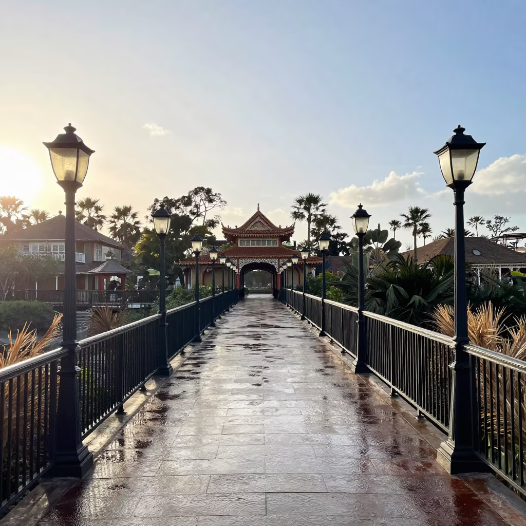 Victorian Iron Bridge in Tampa Temple Precinct in in a lantern-lined temple precinct in Tampa