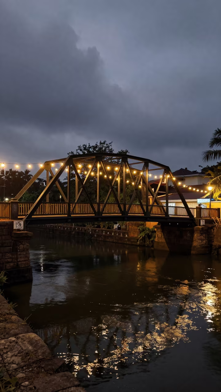Victorian Iron Footbridge Over Mumbai Canal at Night in near Mumbai