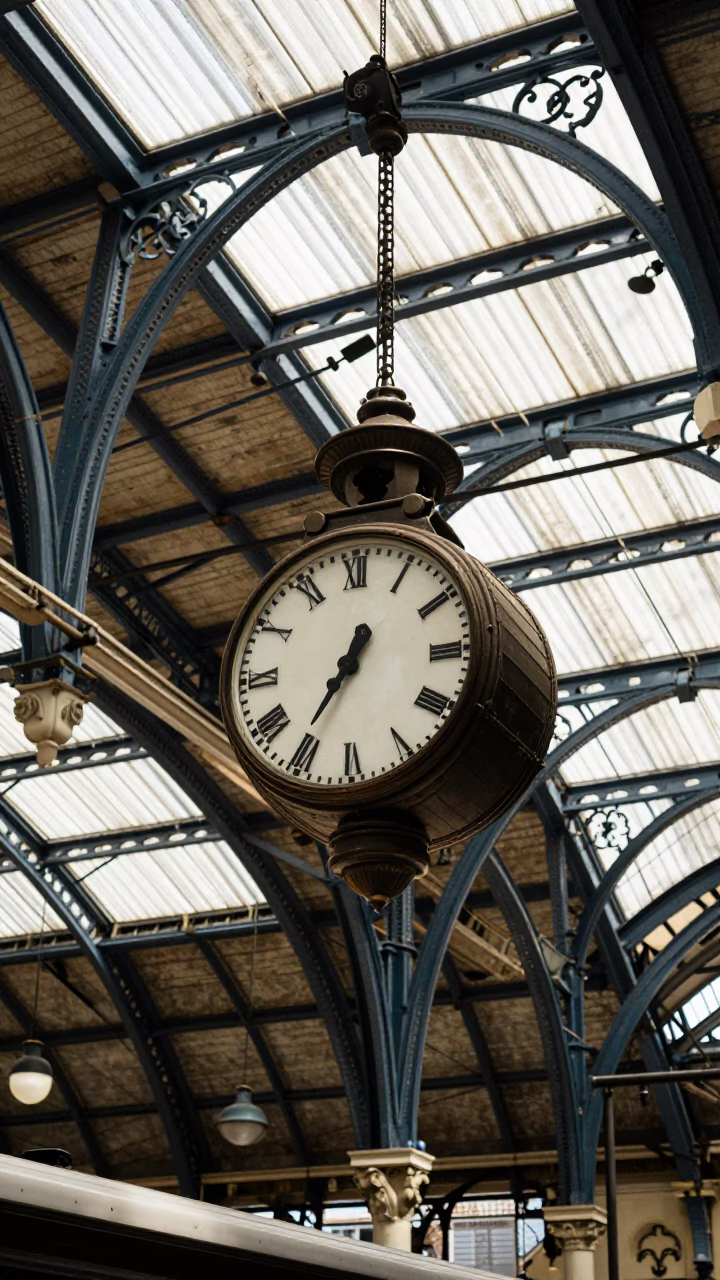 Victorian Ironwork and Vintage Timekeeping at London Railway Station in in London, United Kingdom