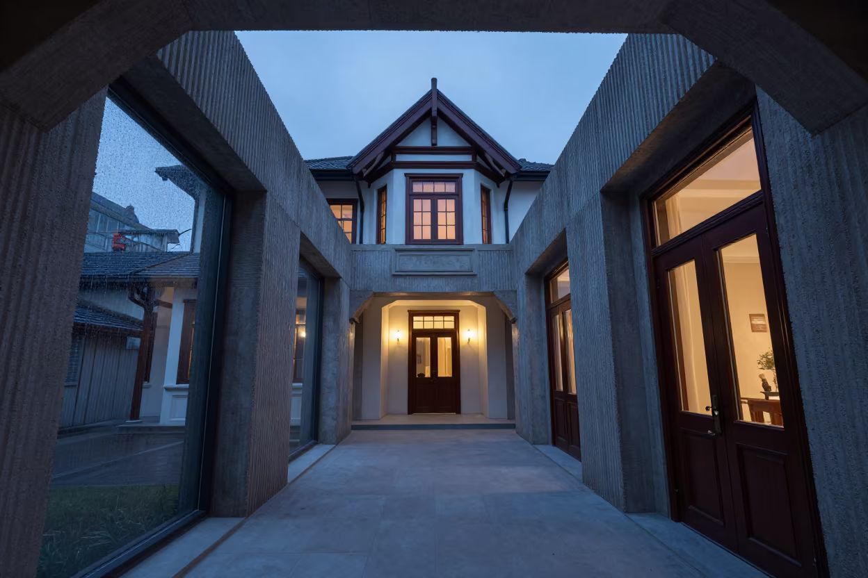 Victorian Row House Inside Xian Concrete Lobby in inside a ribbed concrete lobby in Xian