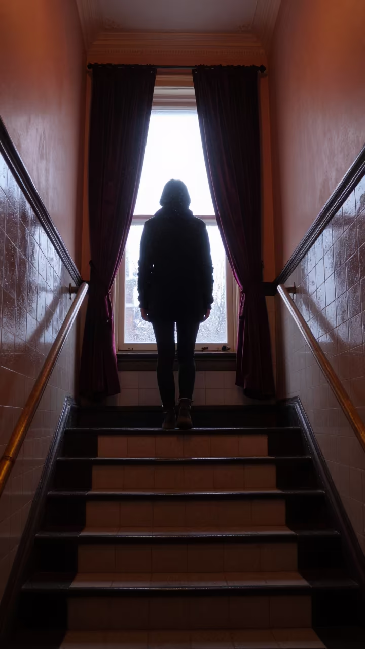 Victorian Stair Hall Silhouette Winter Dusk in inside a tiled stair hall in Winnipeg