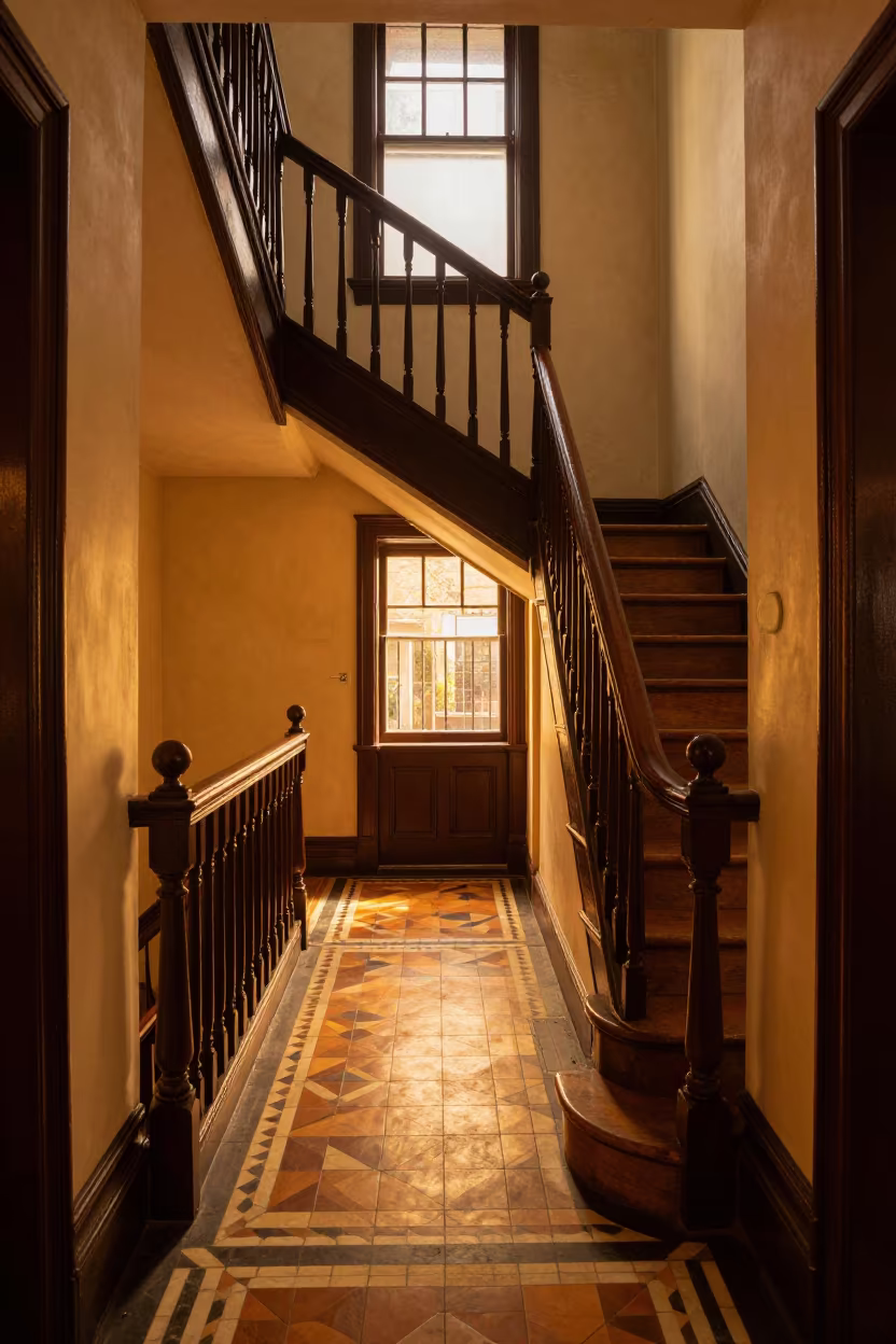 Victorian Stair Hall Tiled Floor Amber Light in inside a tiled stair hall near Ejido
