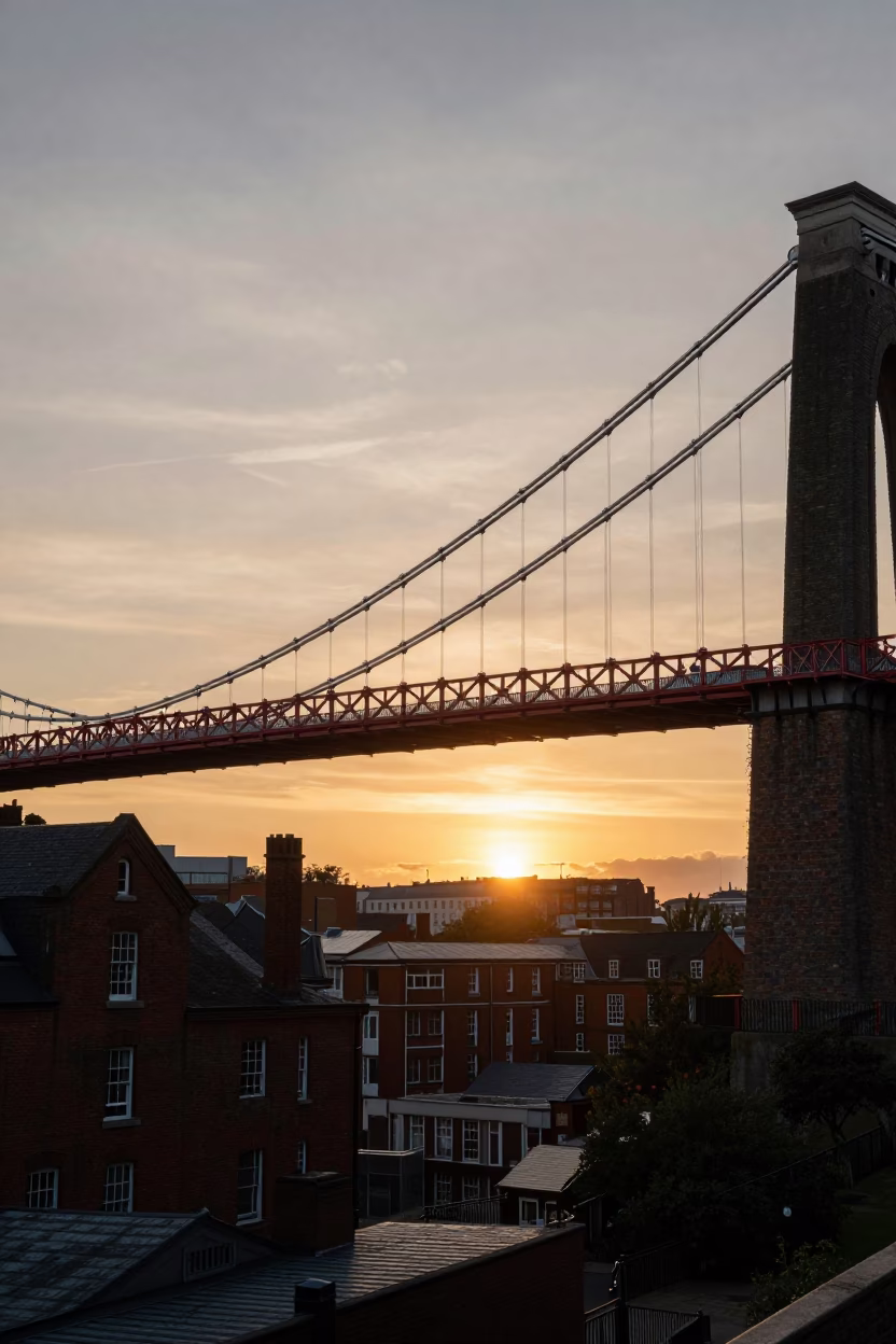 Victorian Warehouse District And Red Suspension Bridge in Bristol in in Bristol, United Kingdom