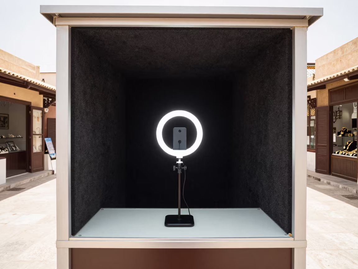 Video Call Booth At Jewelry Counter in at a jewelry counter inside a covered bazaar near Assilah