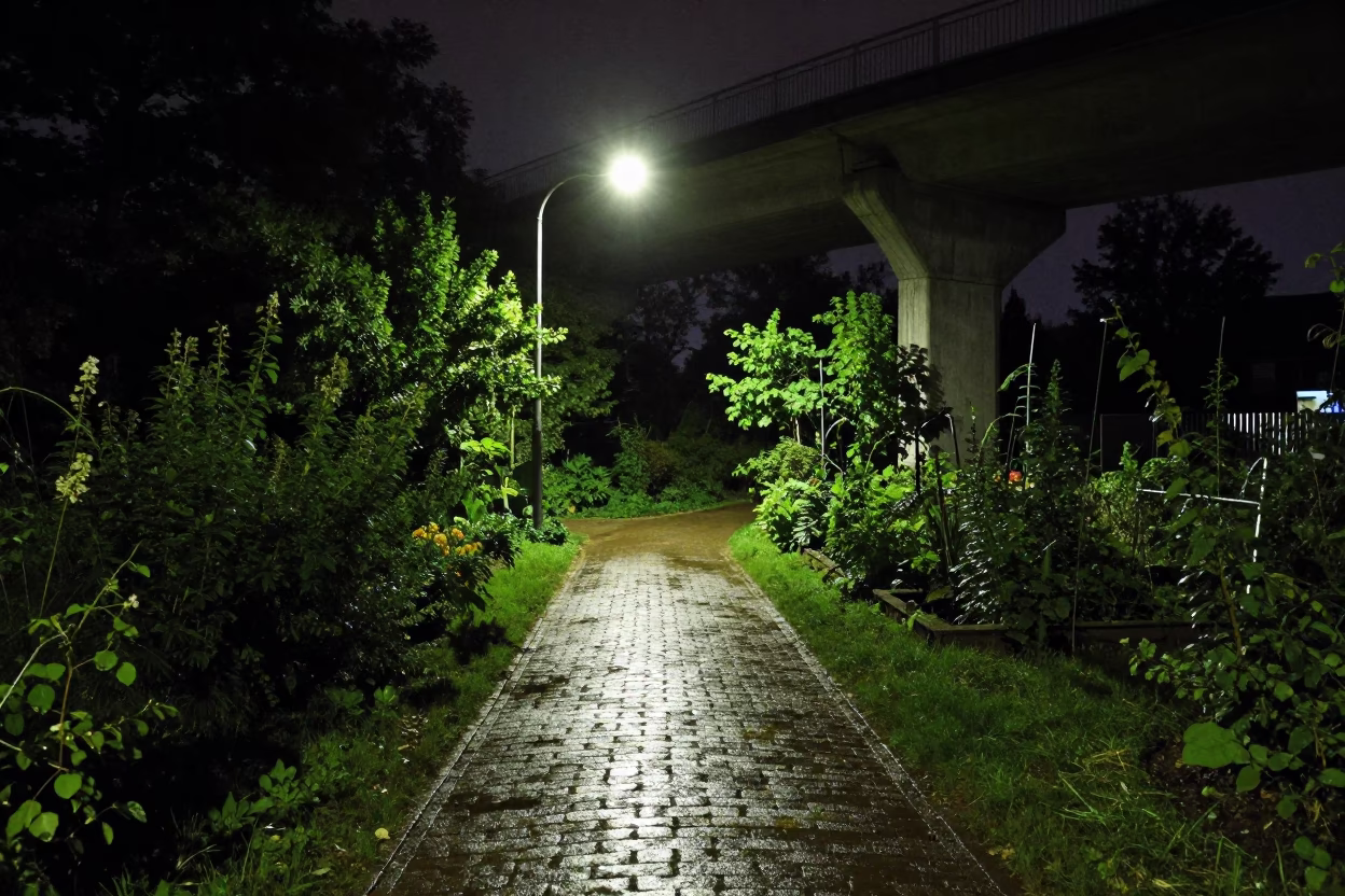Vienna Allotment Gardens Night Shadow Cast by Concrete Viaduct After Rain in in Vienna, Austria