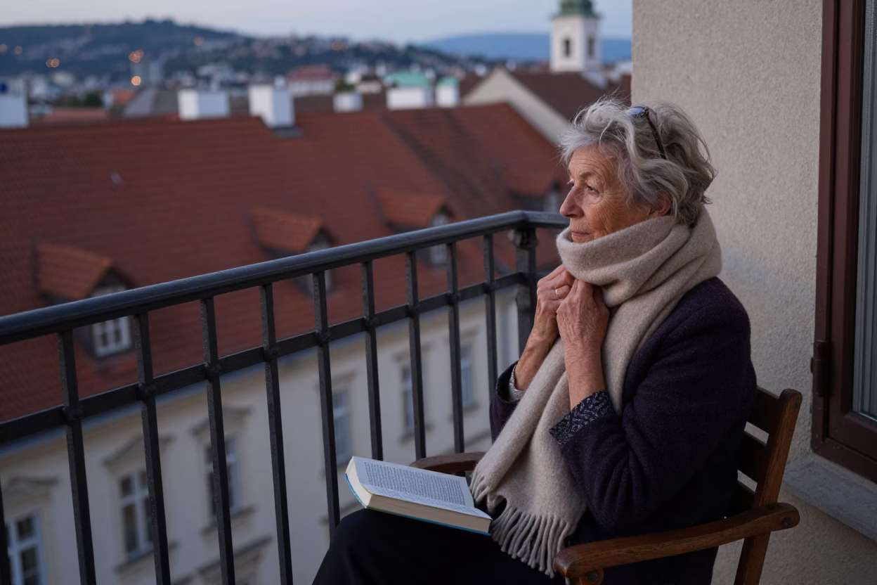 Vienna apartment balcony evening with wool scarves and paperbacks in in Vienna, Austria