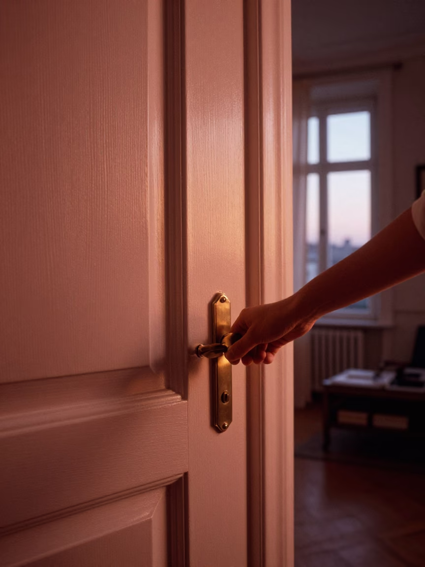 Vienna Apartment Interior with Porcelain Rim and Doorknob in Copper Dusk Light in in Vienna, Austria