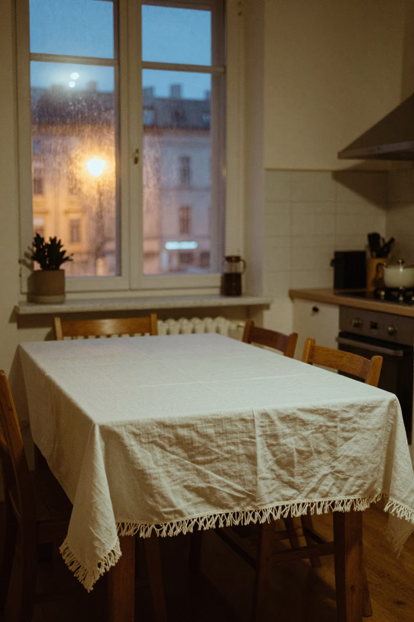 Vienna Apartment Kitchen at Dusk with Linen Fringe and Porcelain Bowl in in Vienna, Austria