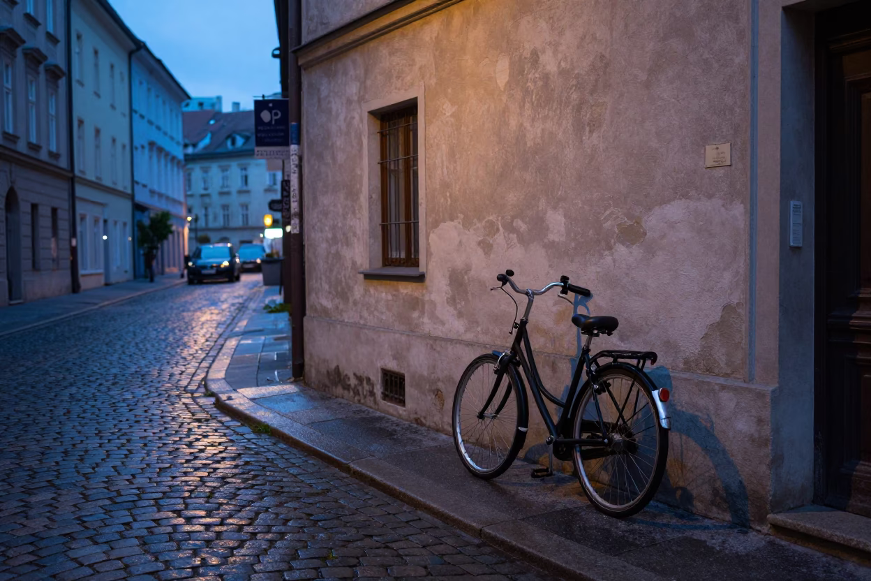 Vienna Austria Blue Hour Street Scene with Bicycle and Cobblestone Alley in in Vienna, Austria