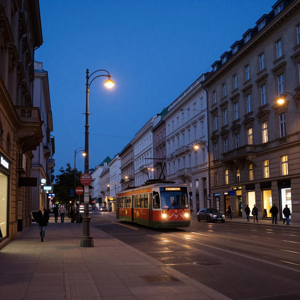 Vienna Austria Blue Hour Street Scene with Funicular Railway and Historic Architecture in in Vienna, Austria
